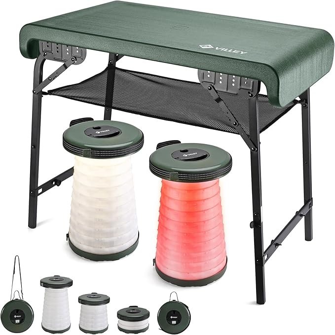 VILLEY Camping Table and Collapsible Stools Set Lightweight Foldable Beach Table