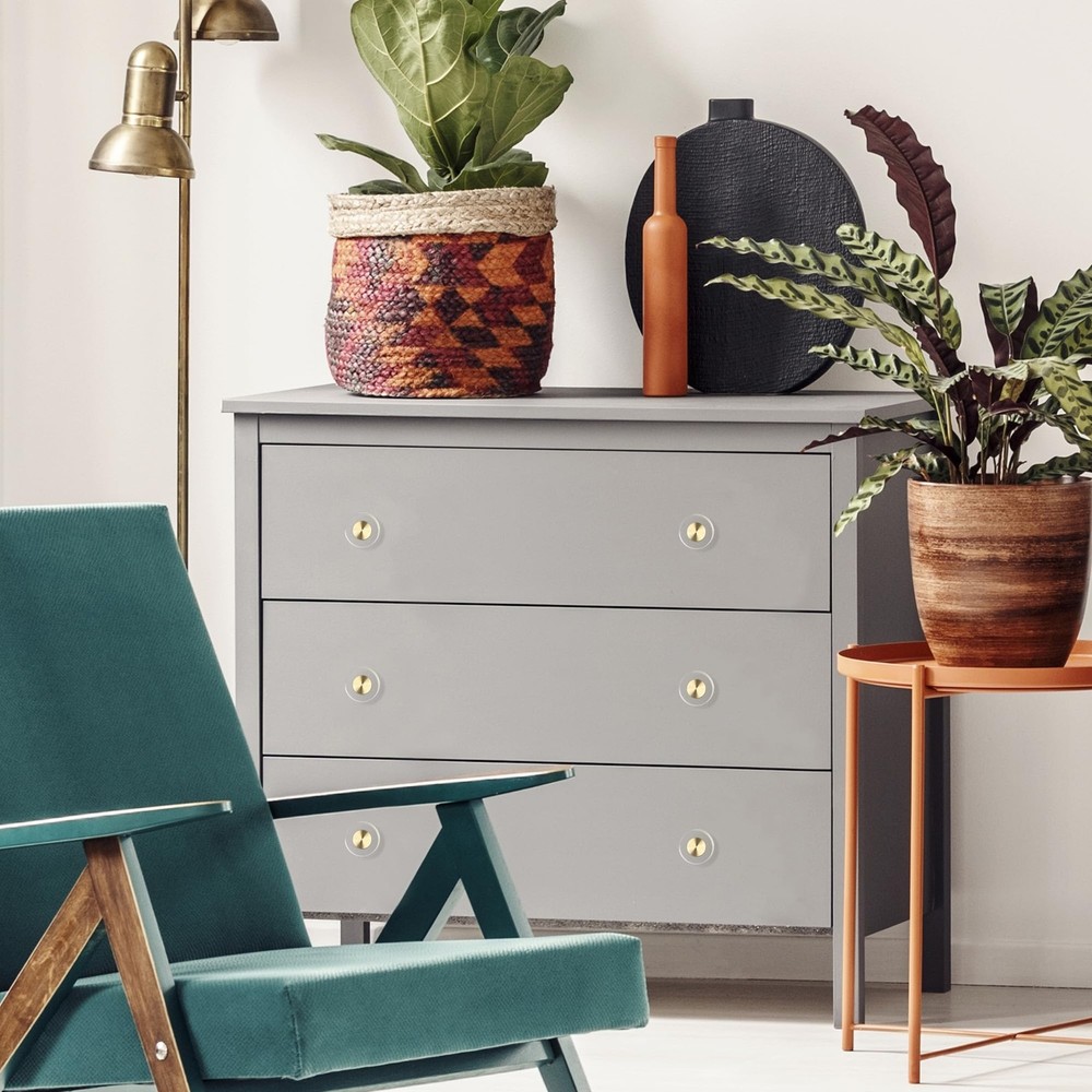 20 Pack Gold Cabinet Knobs, 1-1/4" Round Clear Glass and Brass Drawer Knobs, ...