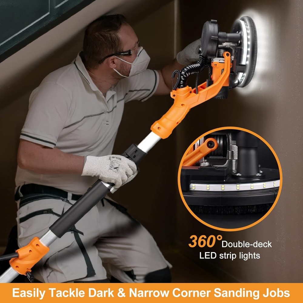 Electric Foldable Drywall Sander 850W Variable Speed w/Automatic Vacuum & Lights