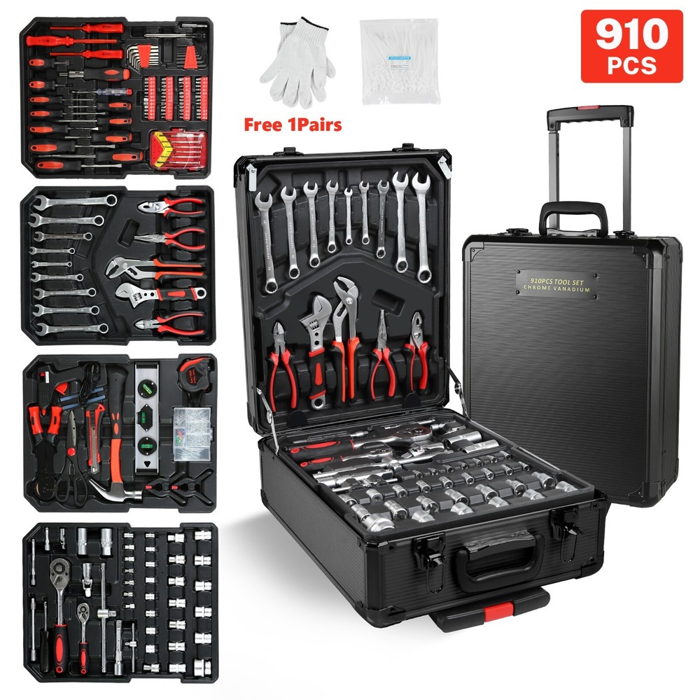 910-Pc Pro Tool Set w/4-Drawer Rolling Case - Complete Home & Auto Kit, Black