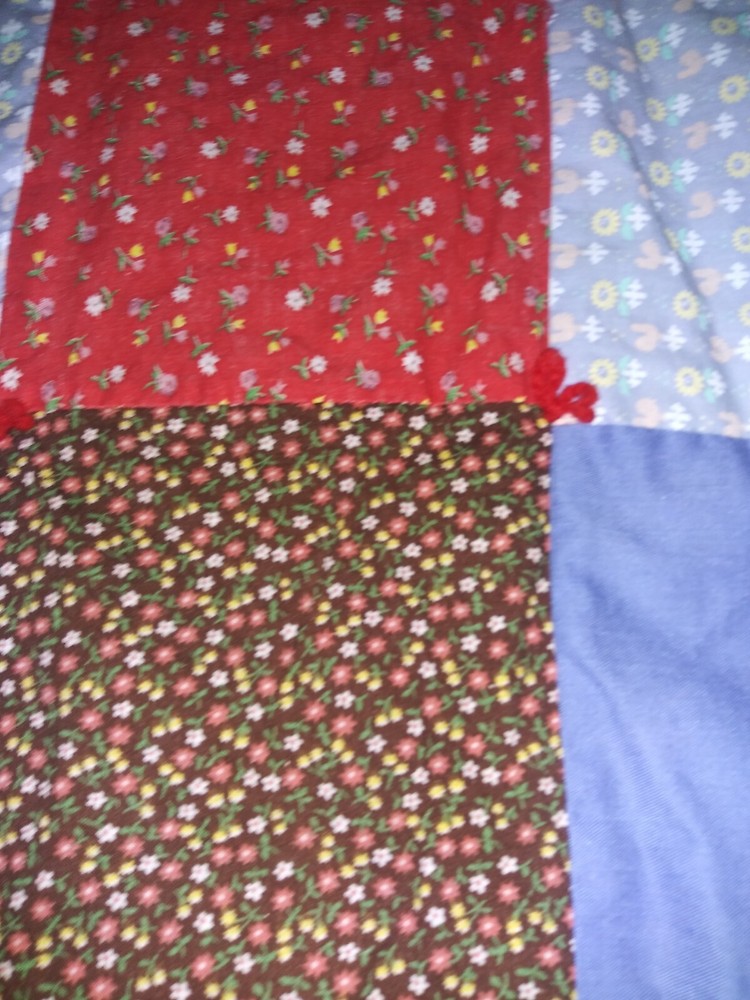 Handmade Tied Light Patchwork Quilt Floral & Solid Squares 74" X 52"