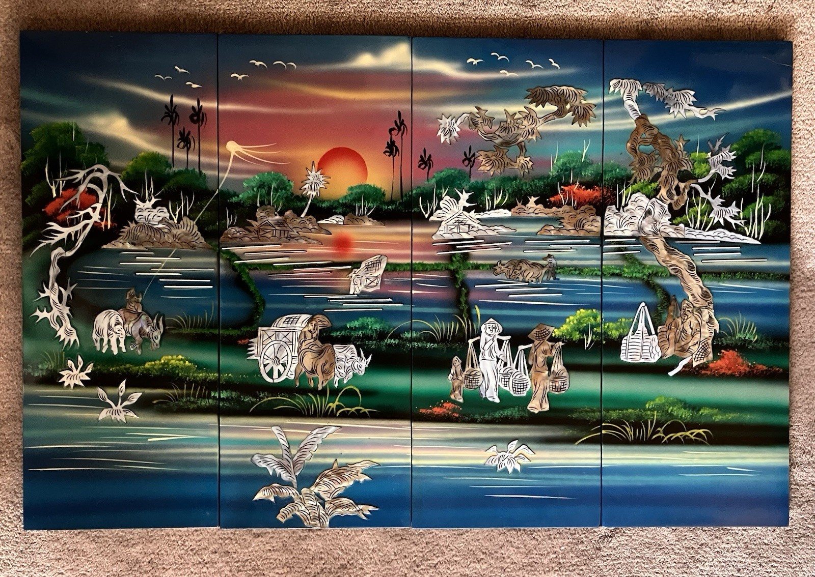4-panel Handcrafted Vietnamese Lacquer And Mother Of Pearl Inlay Wall Art: 19X30
