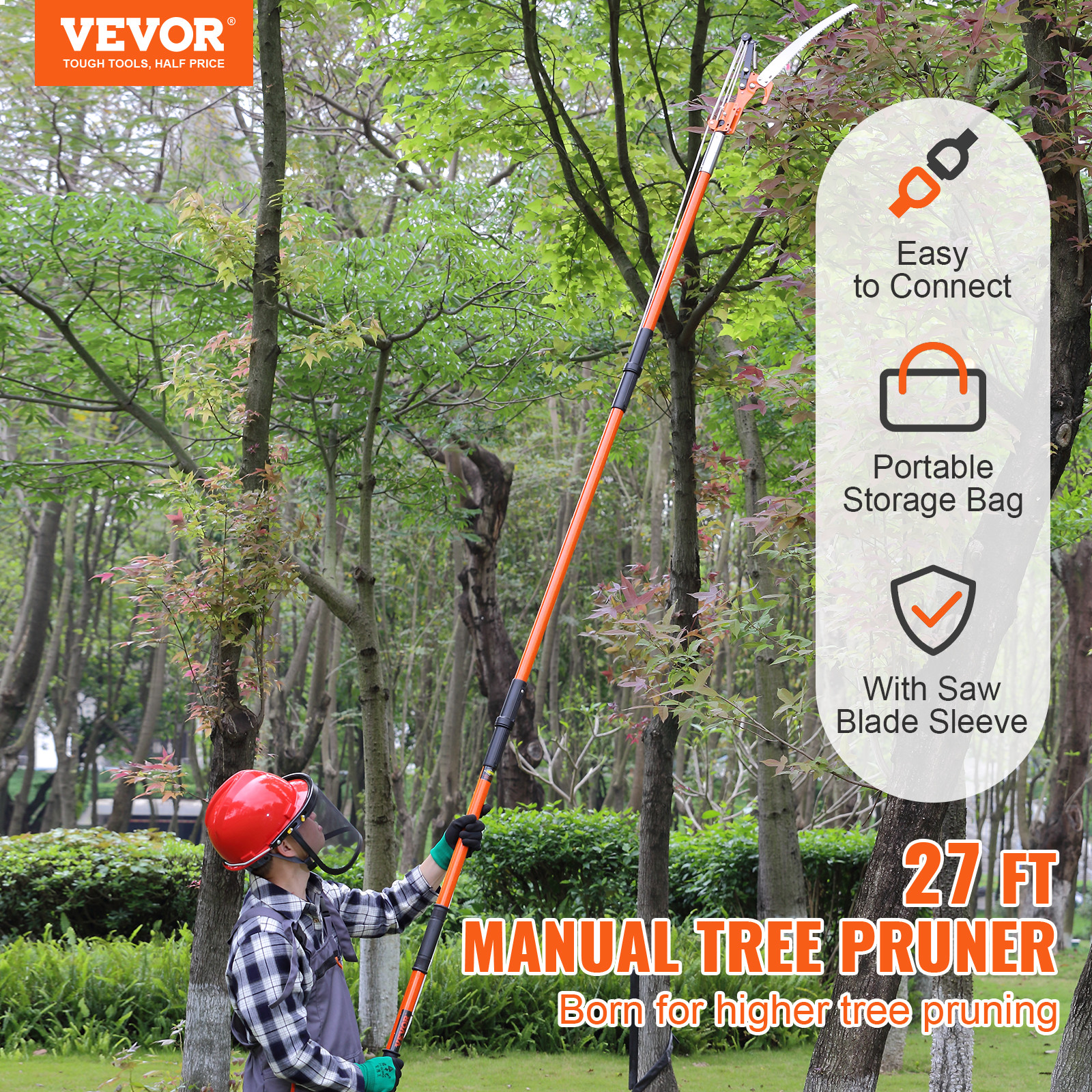 VEVOR Manual Pole Saw Extendable Tree Pruner 7.3-27 ft Fiberglass Pole Scissors