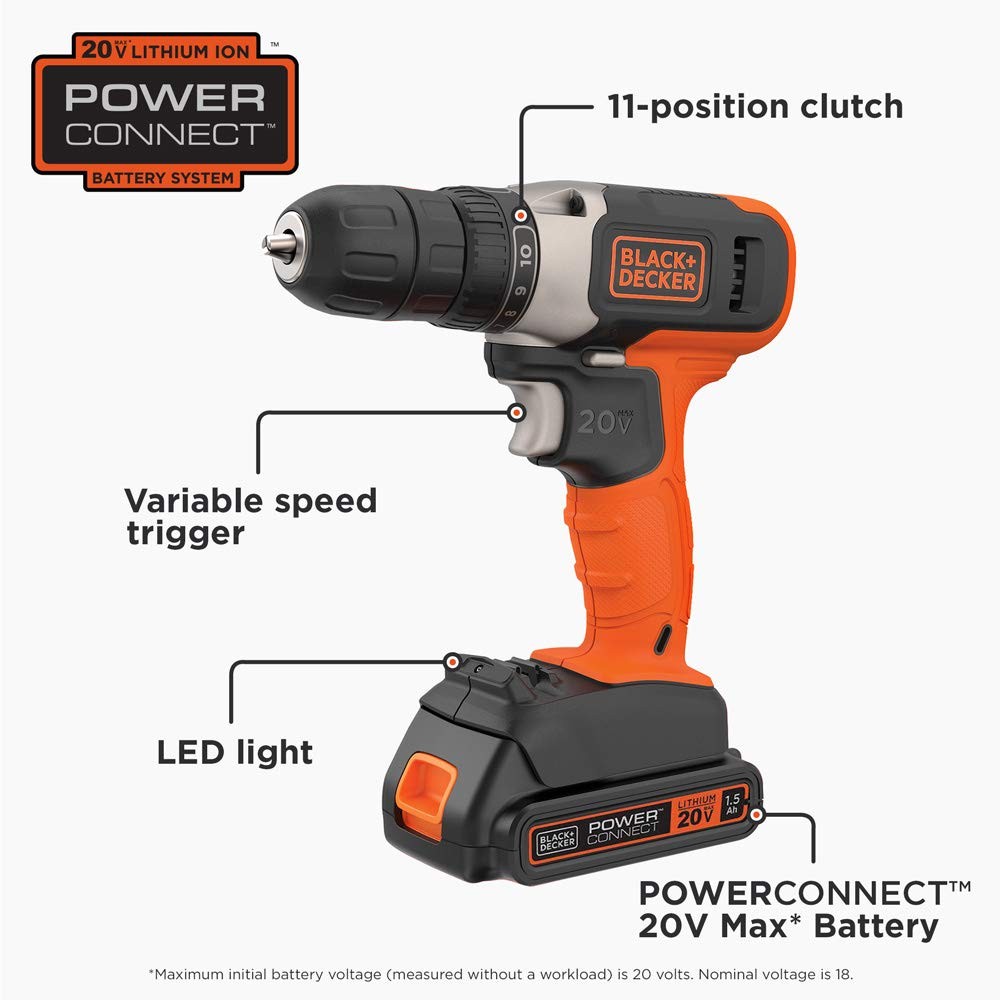 BLACK+DECKER 20V MAX Cordless Drill Kit with ‎Battery, Charger, Includes Dou...