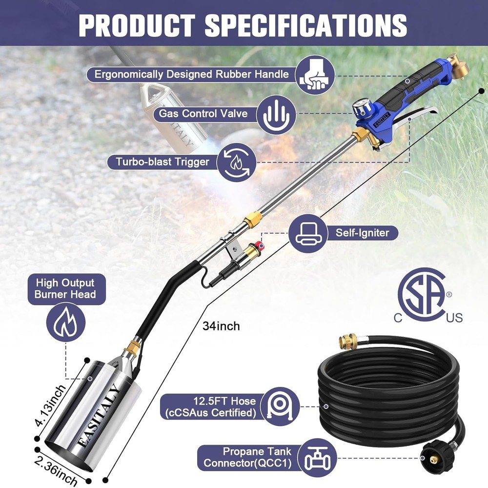 Propane Torch Weed Burner Kit, High Output with 12.5 FT Hose, Advanced Ignition