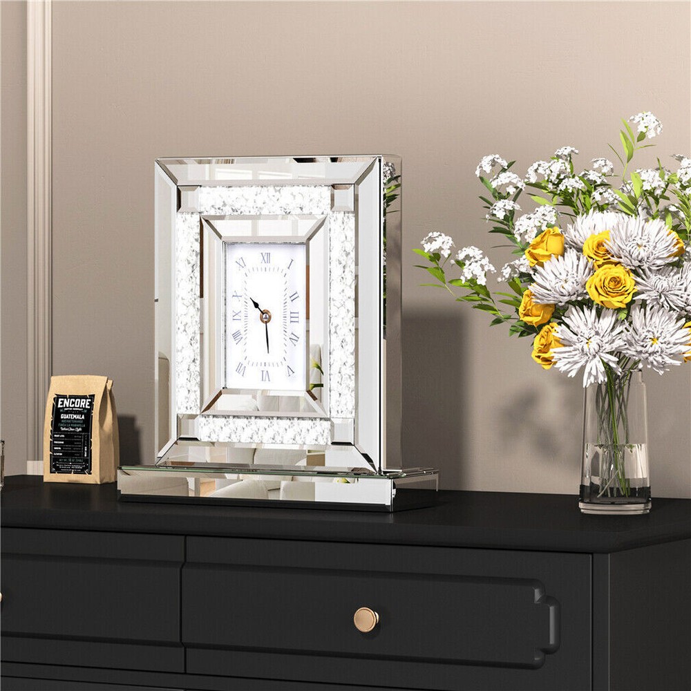 Polished Silver Table Desktop Clock Crush Diamond Surrounded Fireplace Ornaments