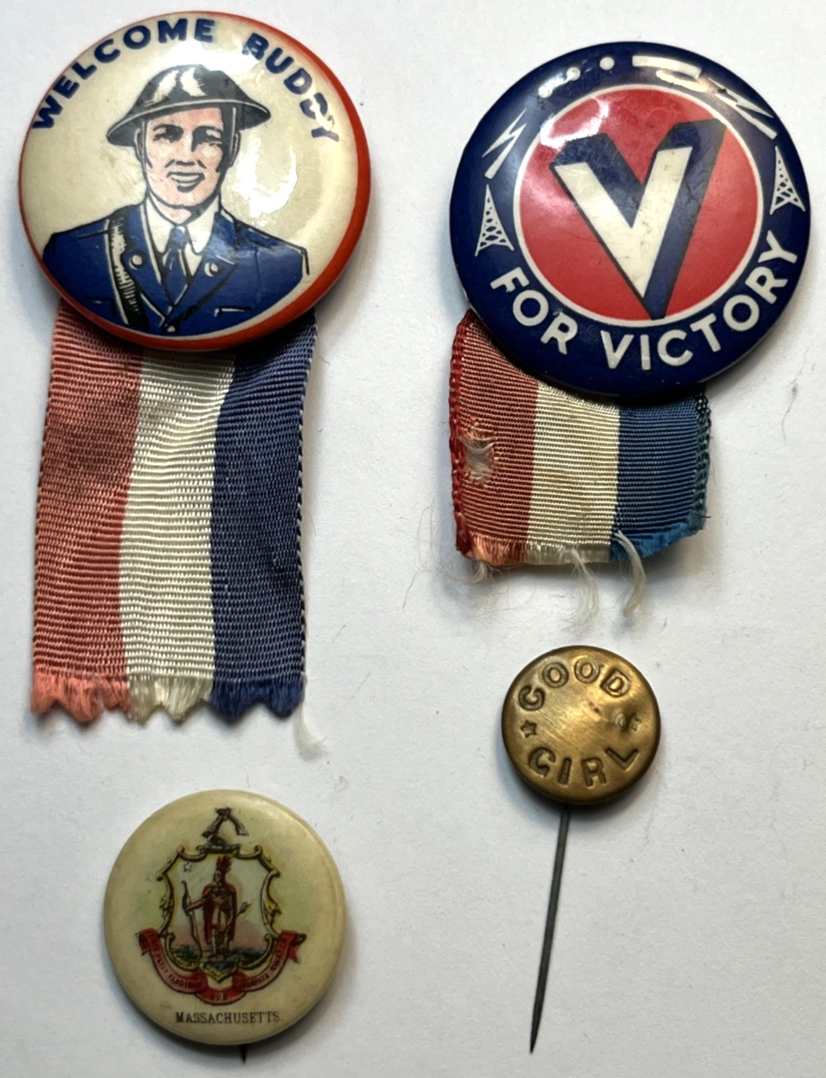 Lot of 4 Original WWI US WELCOME BUDDY V Victory Good Girl Mass MA Button Pin
