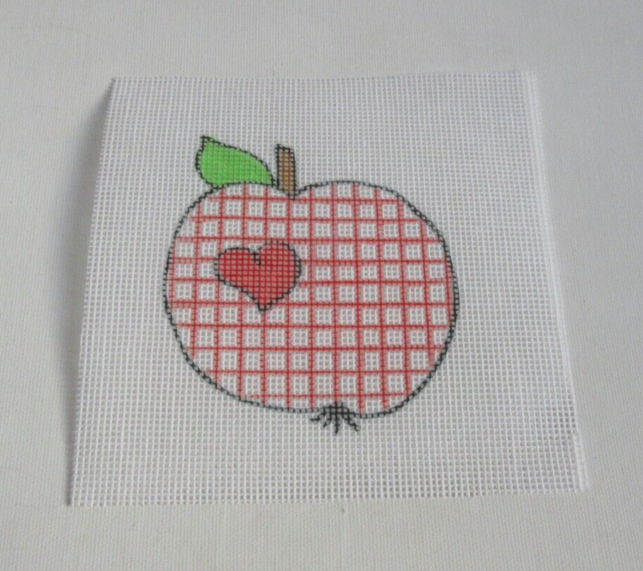 Handpainted Needlepoint Canvas Apple With Heart  - New
