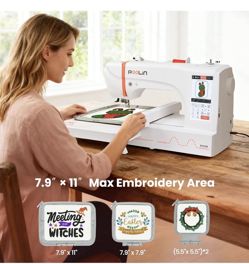 Poolin EOC06 Computerized Embroidery Machine 7.9" x 11" LCD Touch Screen