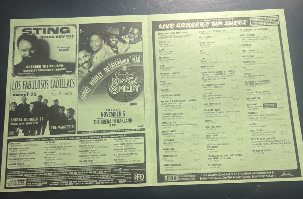 1999 Bridge School Concert Flyer; Neil Young Pearl Jam Brian Wilson The Who