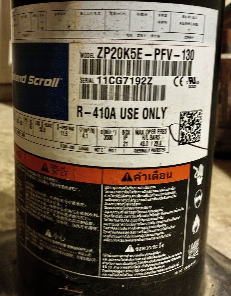 COPELAND SCROLL COMPRESSOR model ZP20K5E-PFV-130, 208-230 V Single Phase