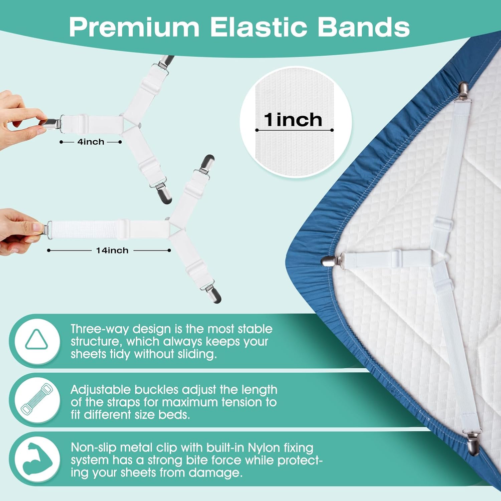 Bed Sheet Straps Easy to Install Fitted Triangle Clips Adjustable White 4 Pcs