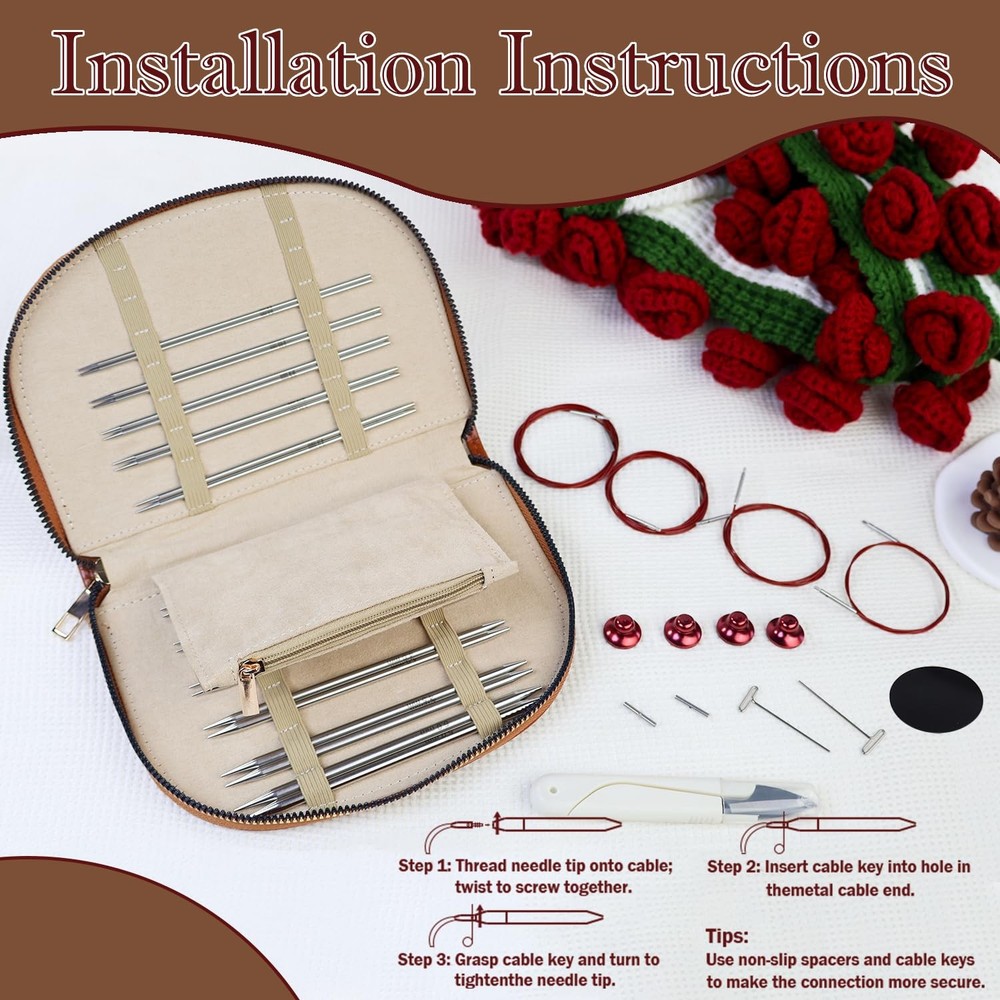 Lewhoo Circular Knitting Needles Set with Bag, 11 Pair Interchangeable Stainless