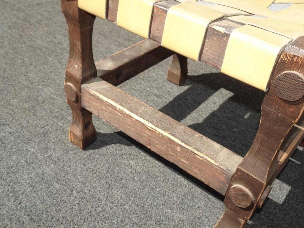 Vintage Rustic Spanish Style Stool Bench with Leather Straps