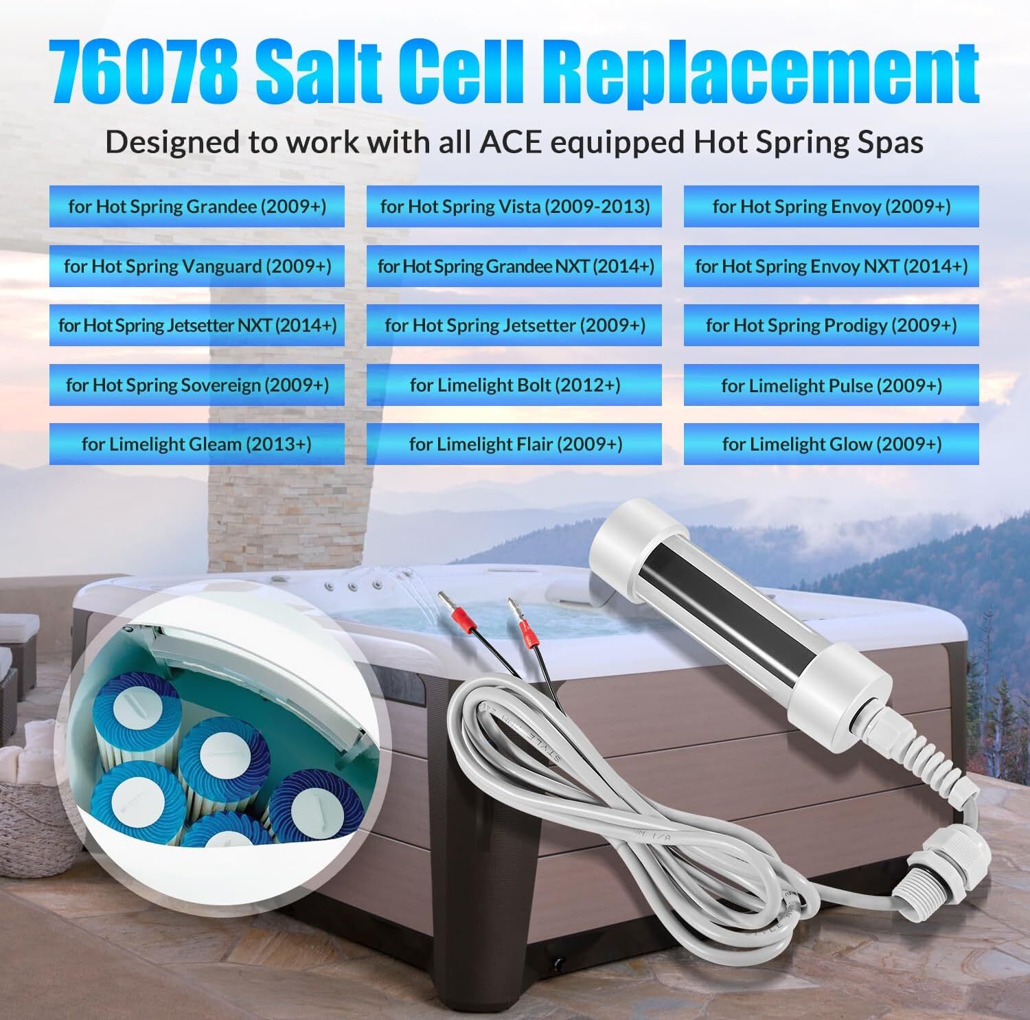 76078 Scepter Salt Cell for Hot Spring ACE Spas 25% Larger Plate Area 1HTWSEP01