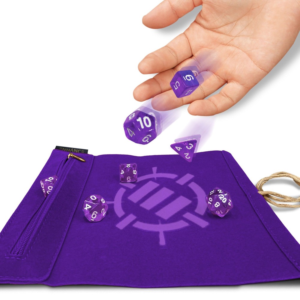 ENHANCE Roll on a Scroll™ Dice Rolling Mat & 7pc Acrylic Dice Set