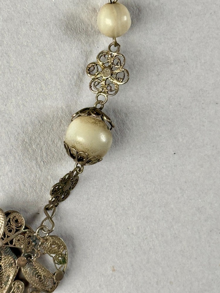 Antique MOP Balamuti Bead Rosary Filigree Silver Cross Crucifix Pendant Necklace