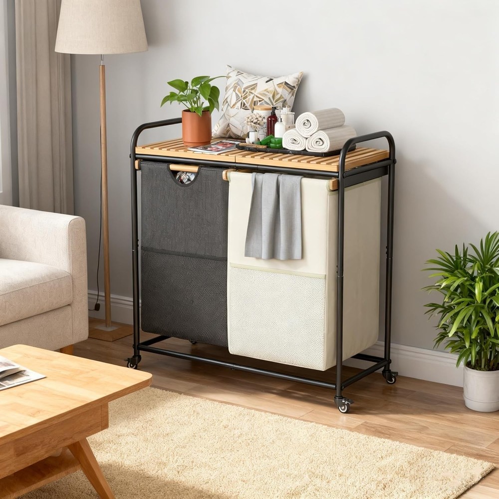 Laundry Sorter 2 Section Laundry Hampers W/ Removable Shelf & Pull-Out Bags