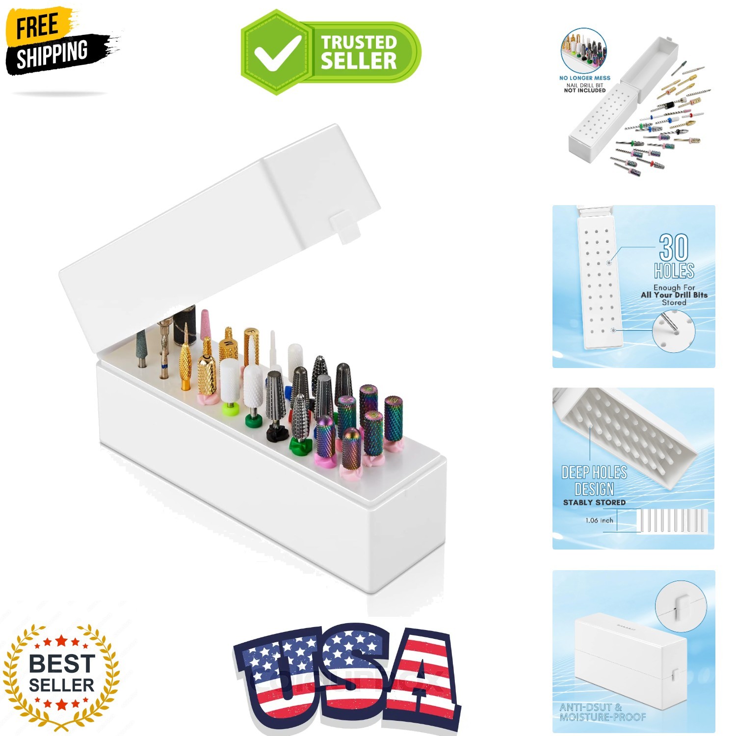 Nail Drill Bits Holder,Dustproof Stand Displayer Organizer Container Case 30 ...