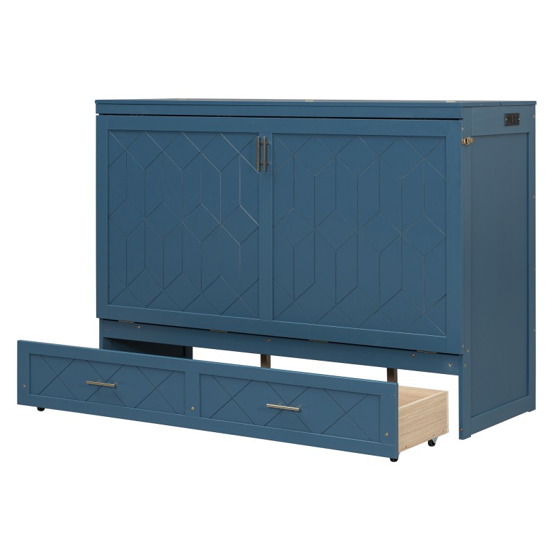 Queen Size Murphy Wall Bed Space Saving Cabinet with Drawer USB Sockets Navy Blu