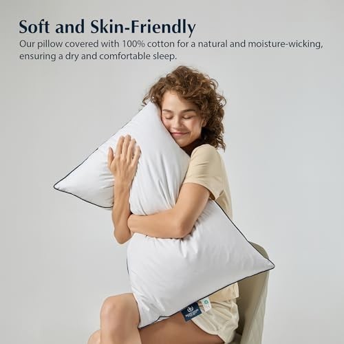 Luxury Goose Feather & Down Bed Pillow - 100% Cotton Shell, Medium Support, Stan