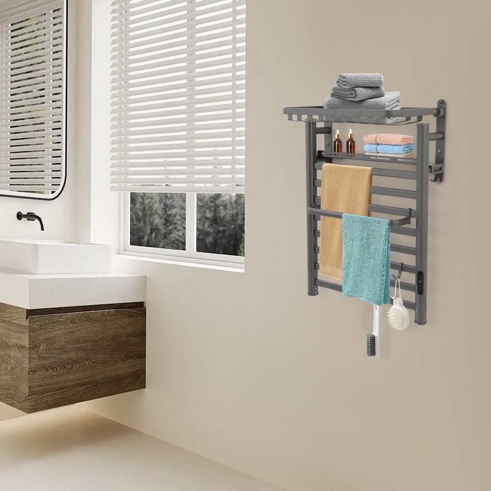 8-Rod Folding Bathroom Heated Towel Rack Wall Mount Electric Timer Towel Warmer
