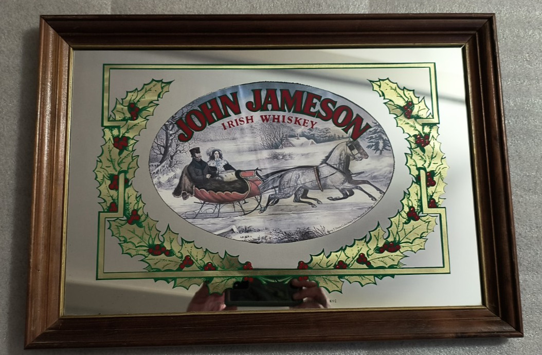VINTAGE JOHN JAMESON IRISH WHISKEY FRAMED BAR MIRROR  20”x14”