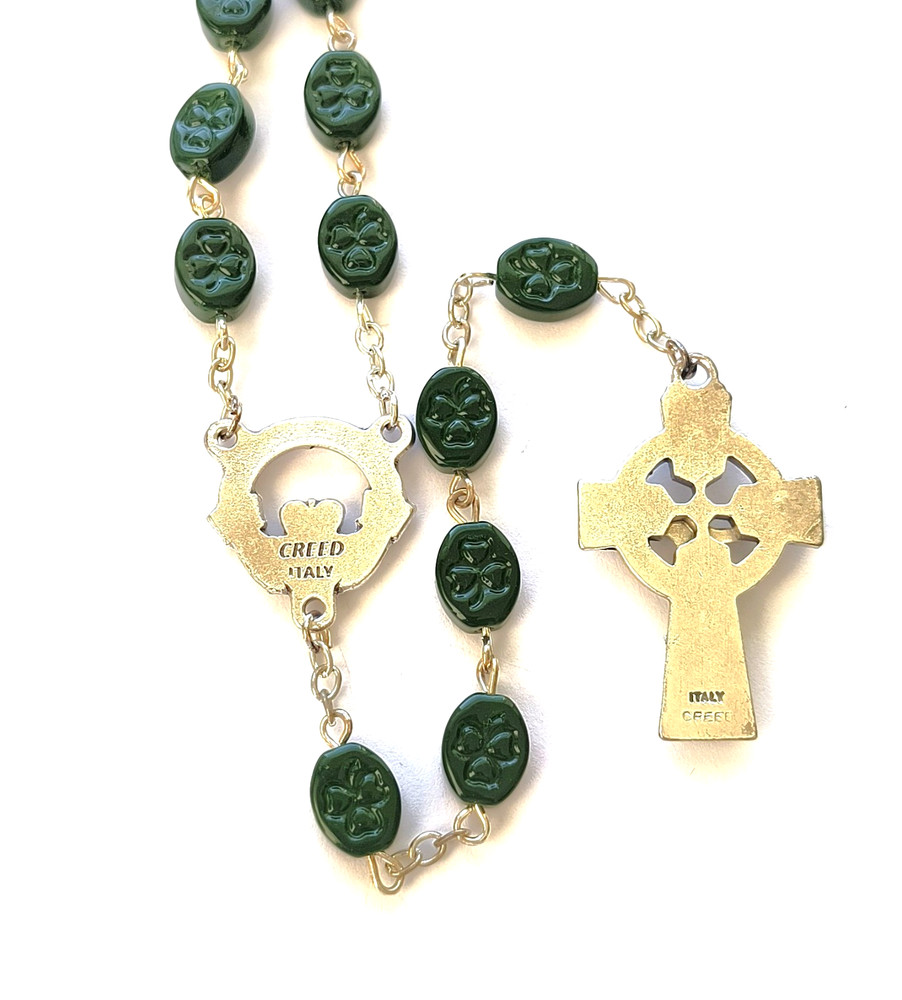 Irish Claddagh Rosary Green Shamrock Beads Celtic Crucifix Gift Boxed Catholic