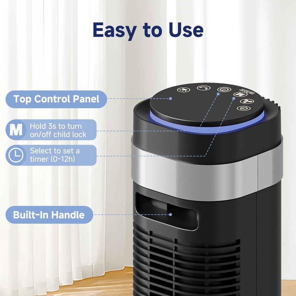 Oscillating Tower Fan w/5 Wind Speeds,Remote Control,12H Timer,Bedroom Quiet Fan