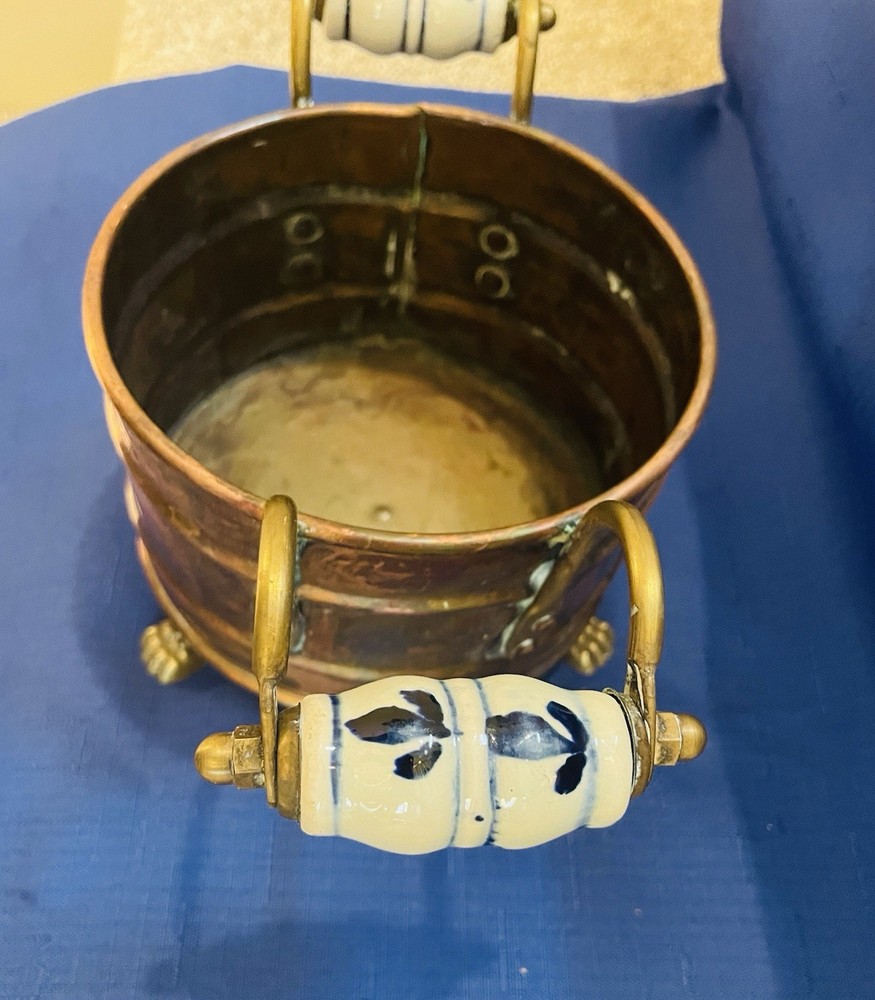 Antique Copper Planter With Ceramic Handles