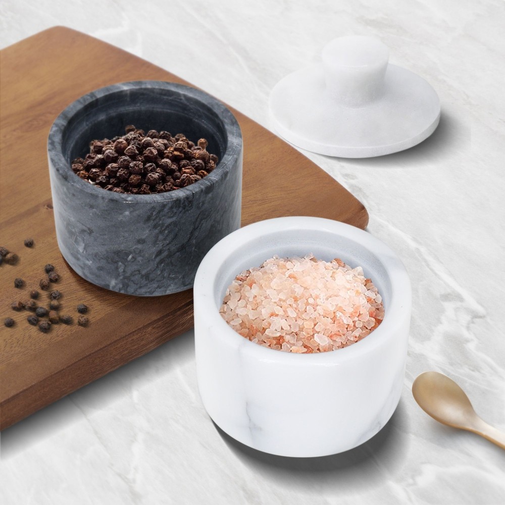 Marble Salt Cellar with Lid, Multi-Purpose Marble Container (Black & White)