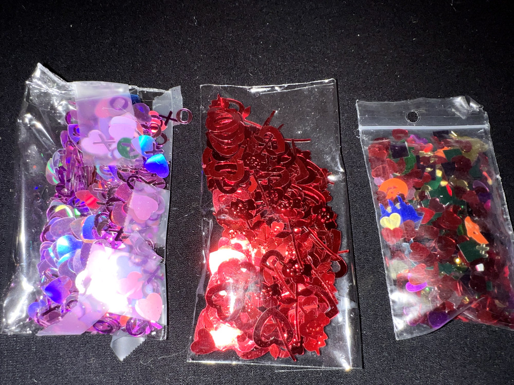 3 Small Pkgs ~1 oz total Valentine Heart Shaped Glitter Pink, Red & Assorted