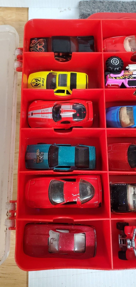 45 Hot Wheels/Hasbro/Misc vehicles in Plastic Red storage case.