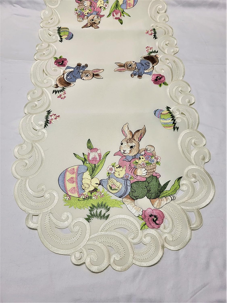 Easter Table Runner with Easter Bunny and Eggs on Ivory Material Size 34 X 15 In