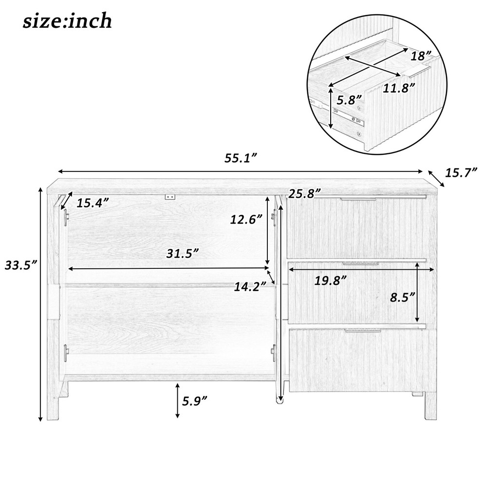 U-Style Modern Wave-Pattern Sideboard (3 Drawers, Hooks, Extra Leg, Large Storag