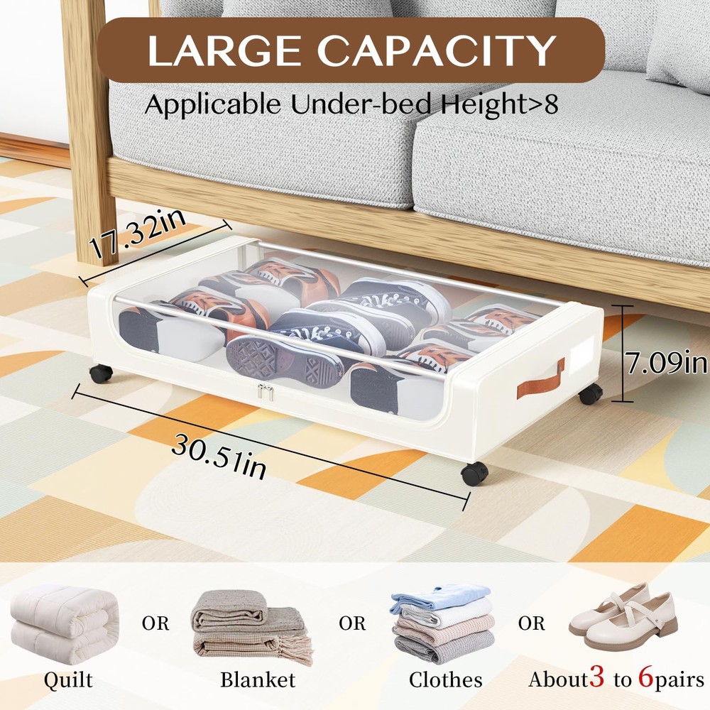 Futego Under Bed Storage with Wheels, UnderBed Storage Containers with Clear Lid