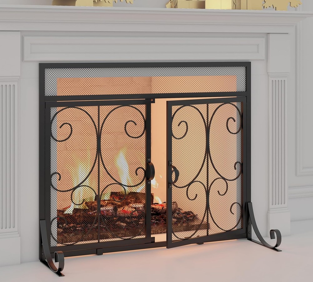 Flat Fireplace Screen with Doors Wrought Iron Frame with Metal Mesh Flat Panel
