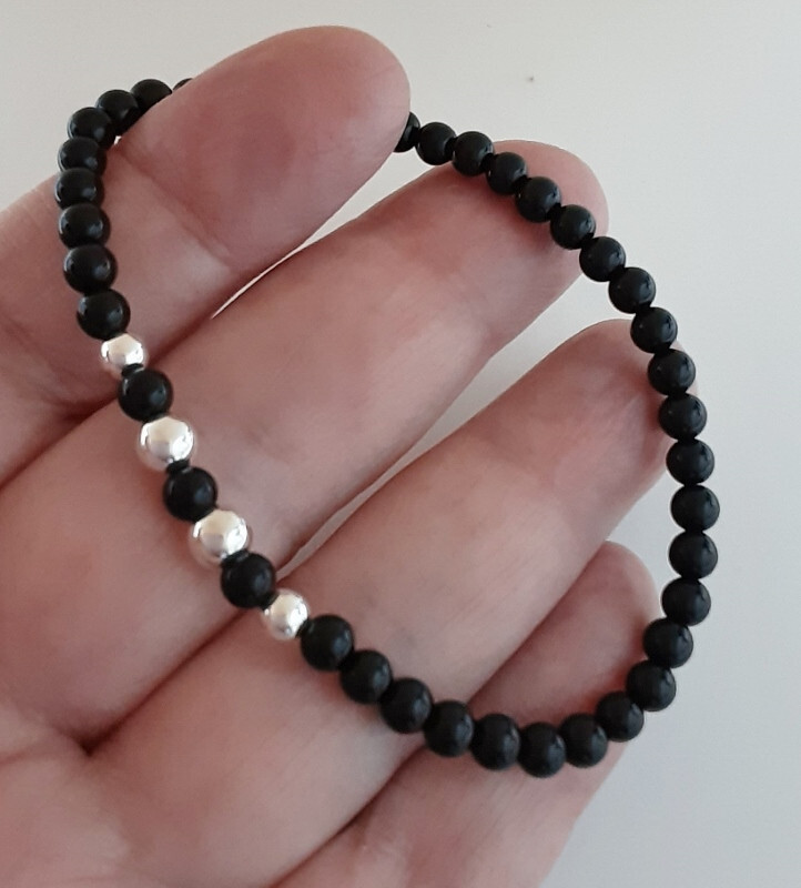 Black Onyx & 925 Sterling Silver Beaded Stretch Stacking Bracelet