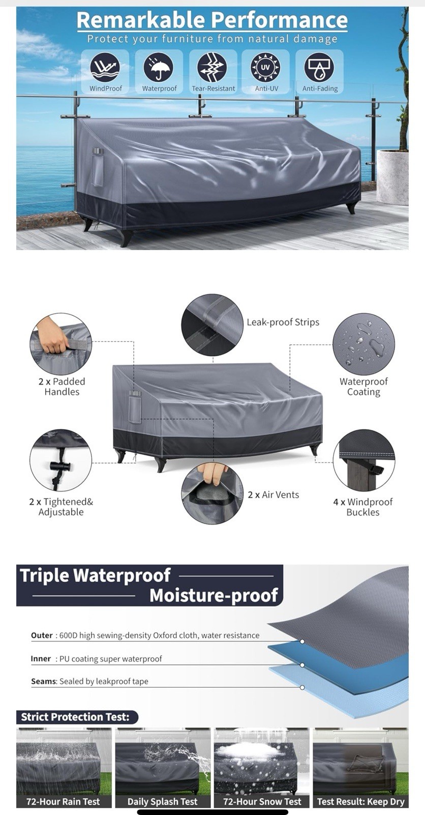 60in Outdoor Couch Cover Waterproof Patio Furniture Covers, 3-Seater Patio Sofa