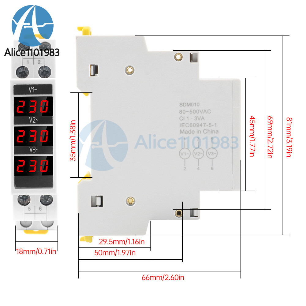 SDM010 Rail Mount Three Phase Voltage Meter AC80-500V Mini Modular Voltmeter LED