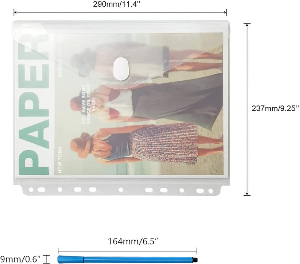 11.4" x 9.25 " 10 Pack Transparent 11 Hole Poly Binder with Hook Loop Closure
