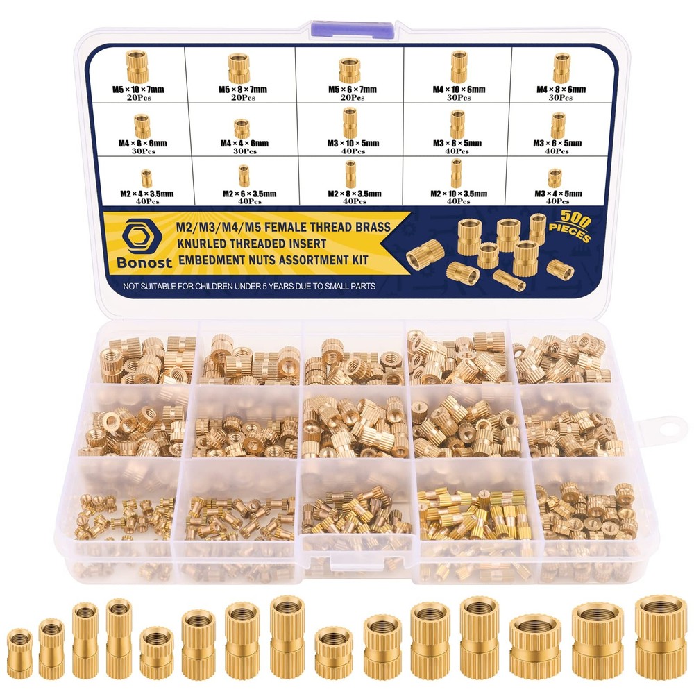 500Pcs Threaded Inserts Kit M2 M3 M4 M5 - Female Thread Heat Set Insert, Brass K