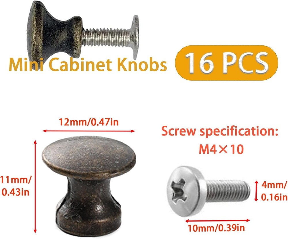 16 Pack Mini Cabinet Knobs, 1/2 Inch Dia Bronze Drawer Pulls Handles,
