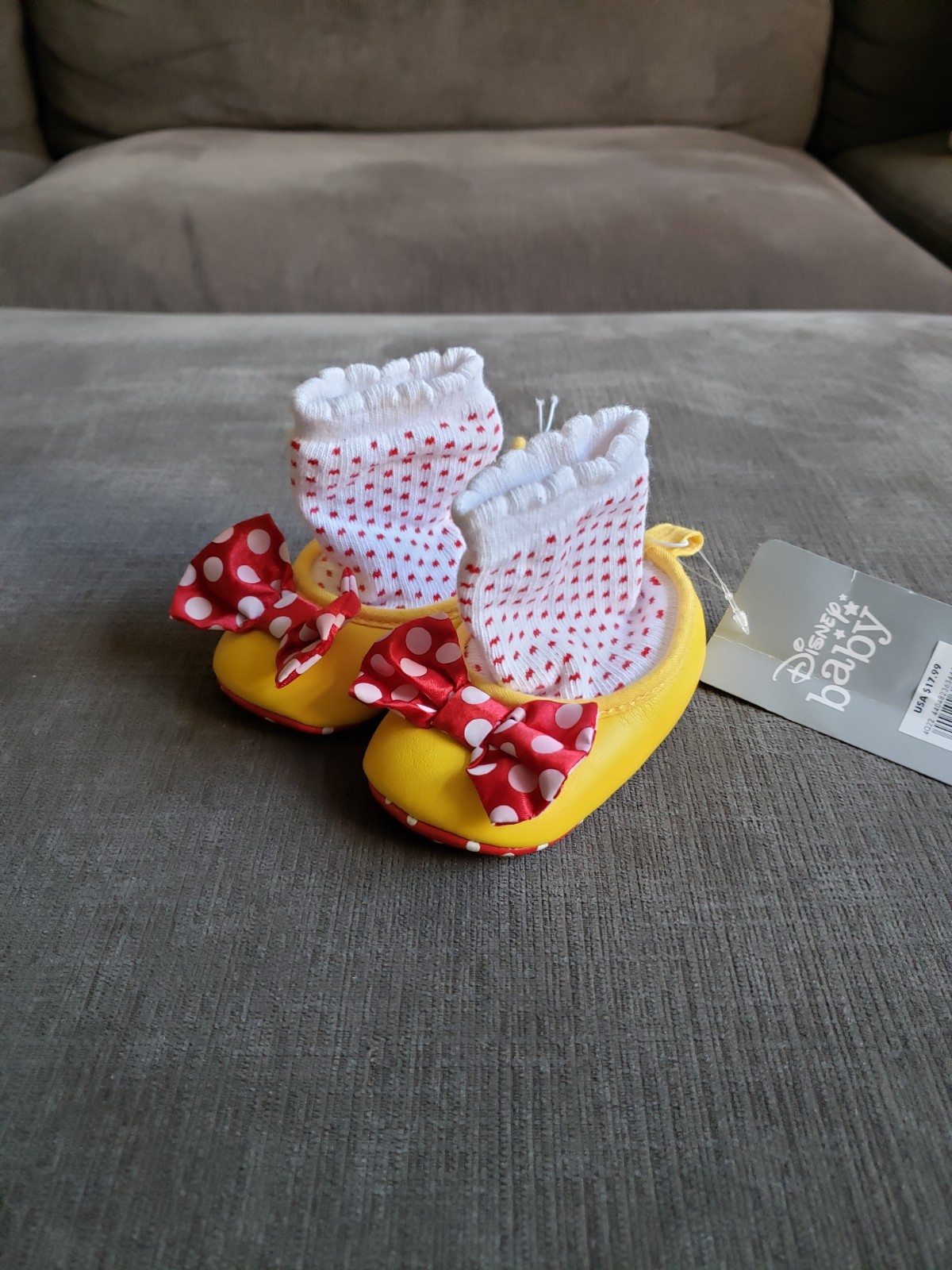 RARE - Disney Baby Minnie Mouse Costume Booties Yellow Red Polka Dot Bow 6-12...