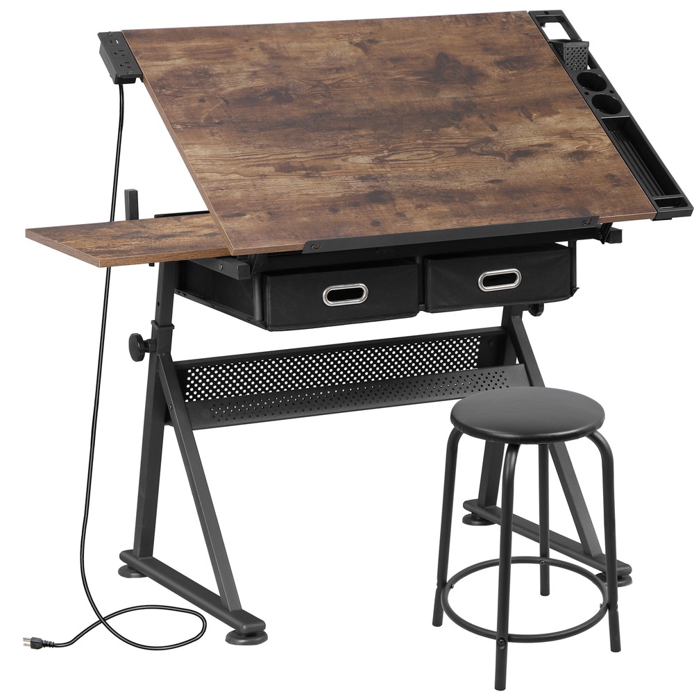 Adjustable Drafting Table Tilting Drawing Desk w/Charging Station & Stool Retro