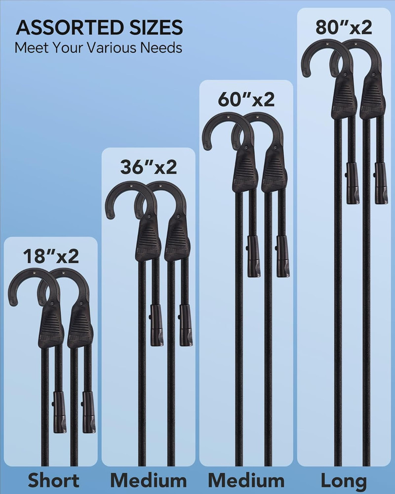 18" 36" 60" 80" Adjustable Bungee Cords Assorted Sizes with Hooks, Black Bungee
