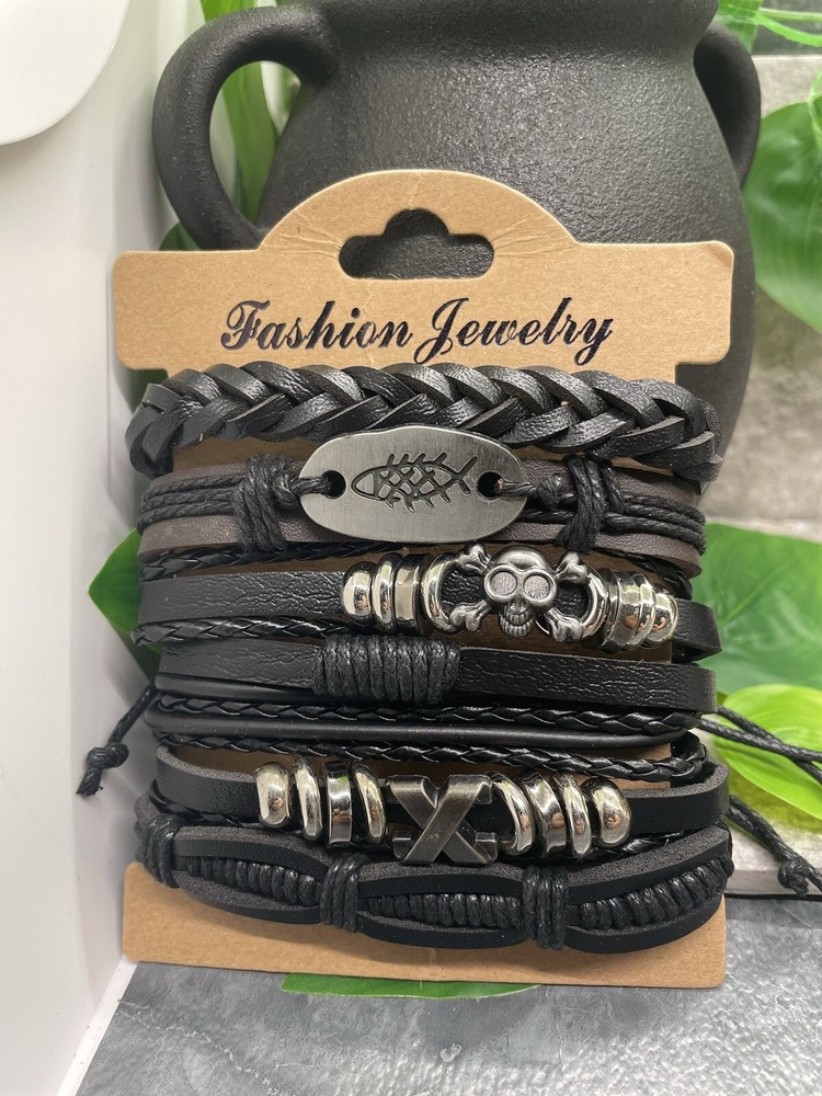 6 PC PU Leather Punk Bead Bracelet Stackable Adjustable Tie New Free Ship B3643