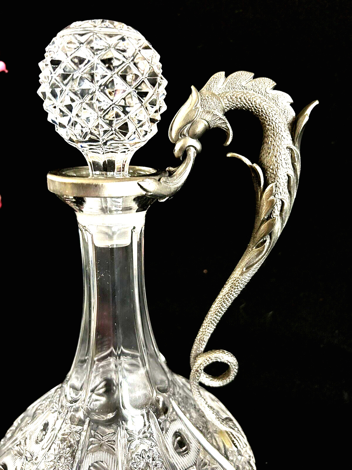 Glass Crystal Decanter Dragon Handle 11.5" Tall Italy