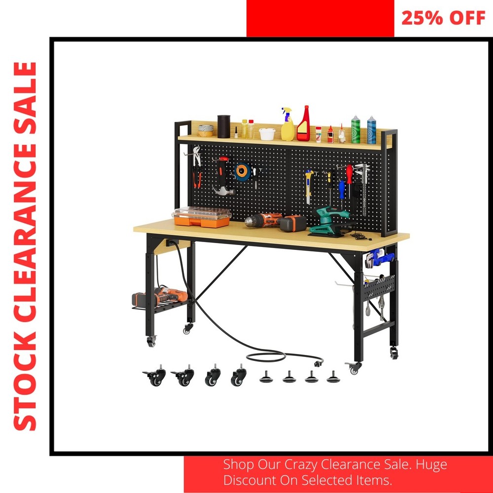 Rolling Workbench Adjustable Garage Table with Pegboard