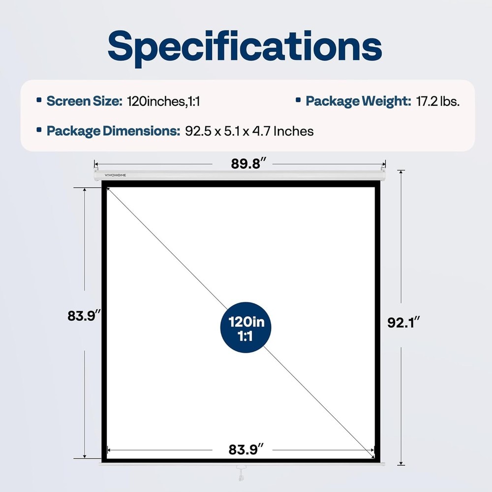 Projector Screen Pull Down, 1:1 120 Inch Retractable Projection Screen, HD 4K...